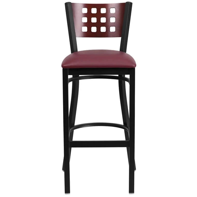 HERCULES Series Black Cutout Back Metal Restaurant Barstool - Mahogany Wood Back