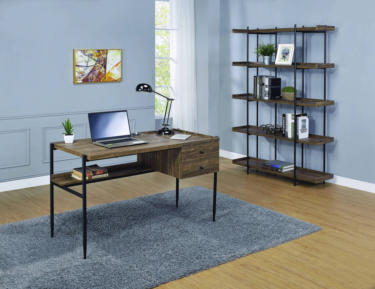 Lawtey 2-Drawer Writing Desk With Outlet Aged Walnut -this wooden desk has all you need for hours of productivity. 804291 coastmega