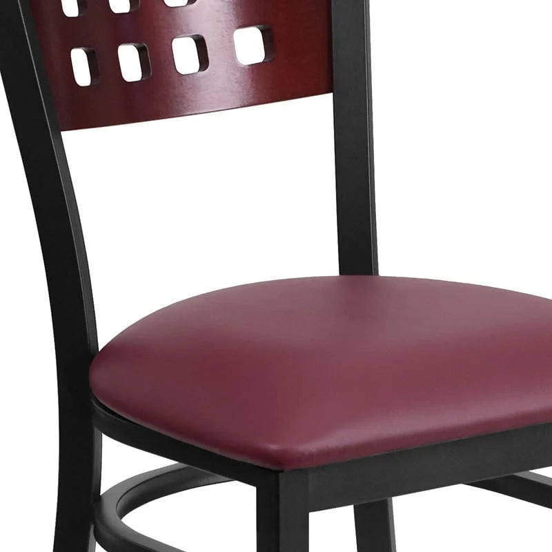 HERCULES Series Black Cutout Back Metal Restaurant Chair - Mahogany Wood Back