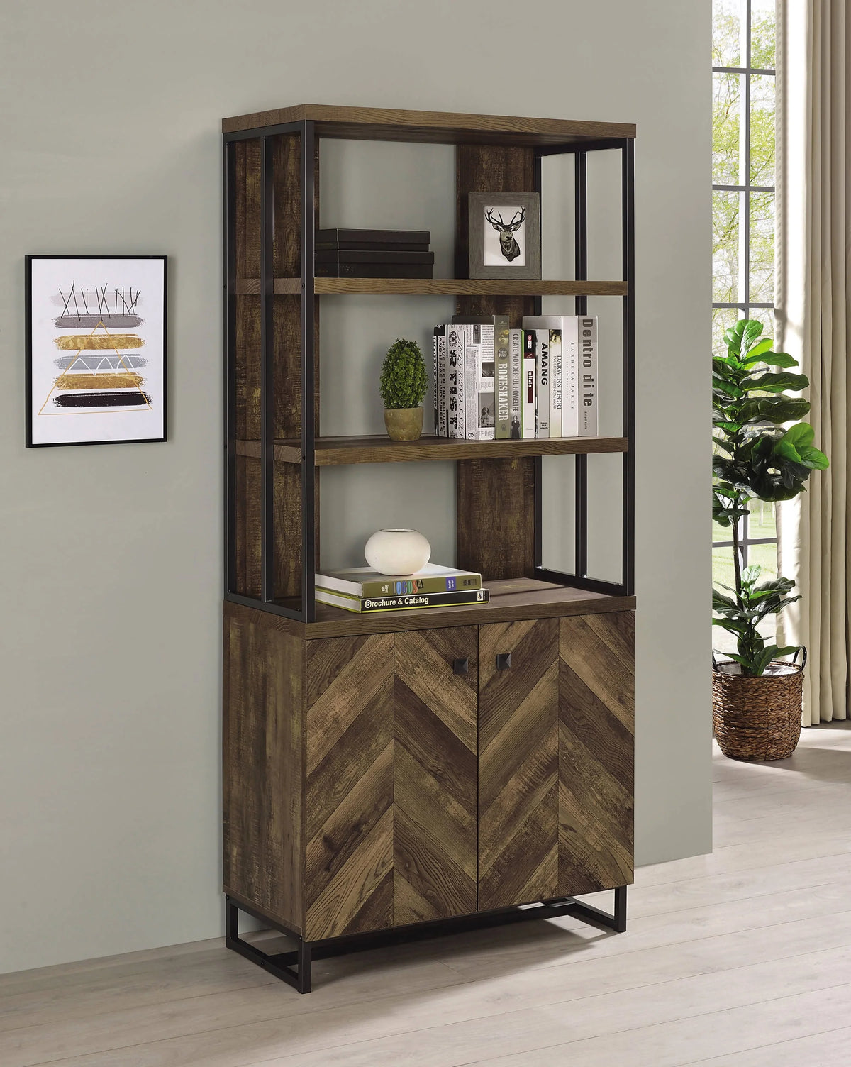 Millbrook 2-Door Bookcase Rustic Oak Herringbone And Gunmetal - 882093 Pie's Variety Store
