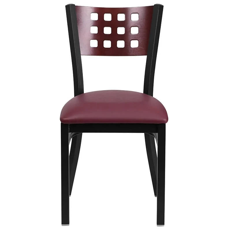 HERCULES Series Black Cutout Back Metal Restaurant Chair - Mahogany Wood Back