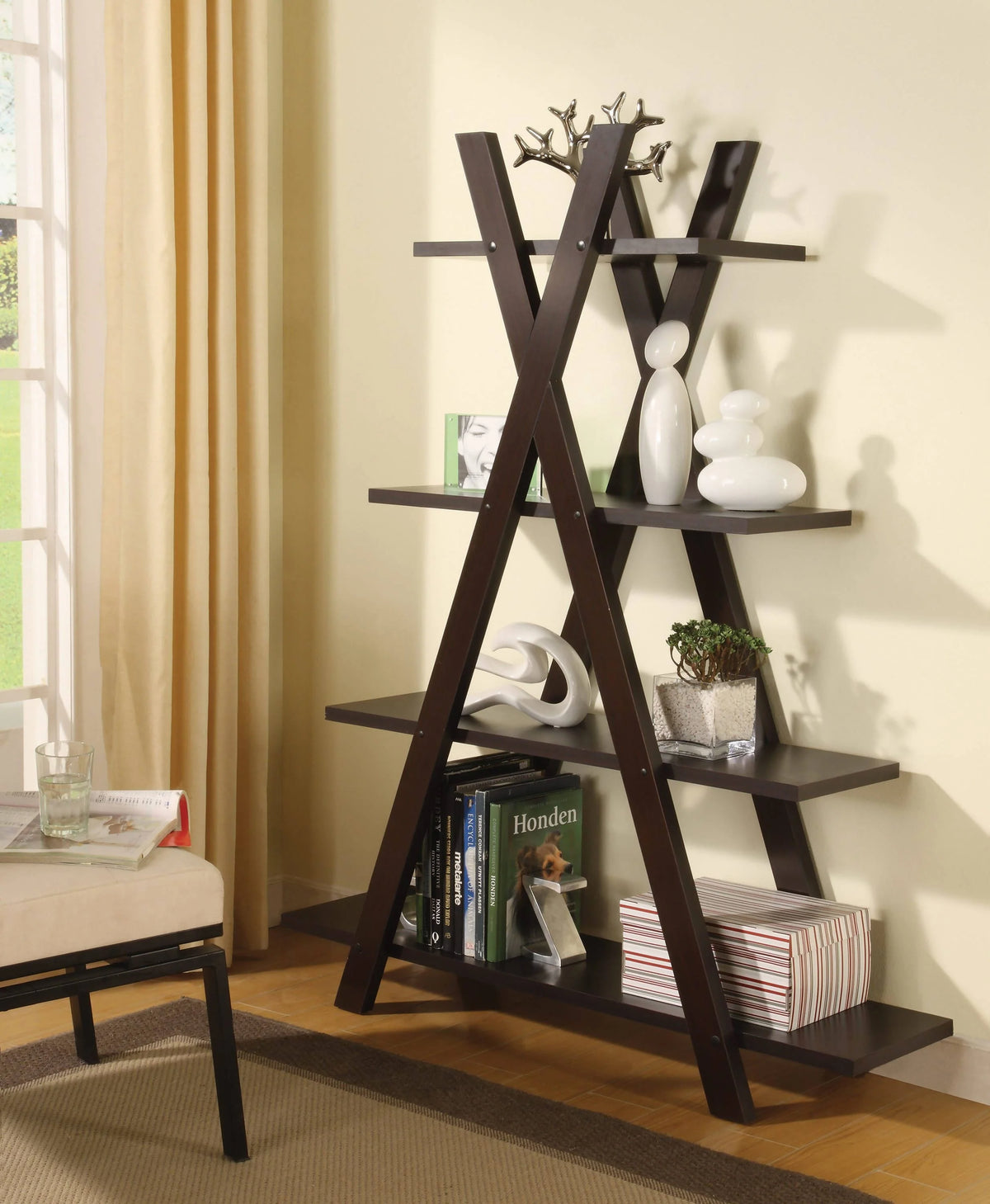 4-Tier Crisscross Bookcase Cappuccino Make this bookcase a focal point in a charming modern room.- 800267 Pie's Variety Store