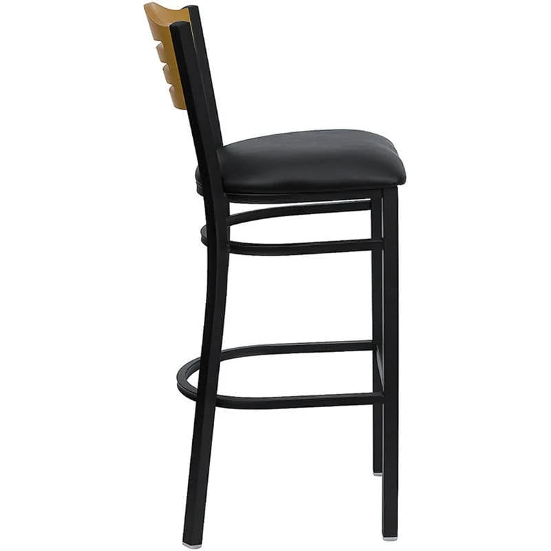 HERCULES Series Black Slat Back Metal Restaurant Barstool - Natural Wood Back