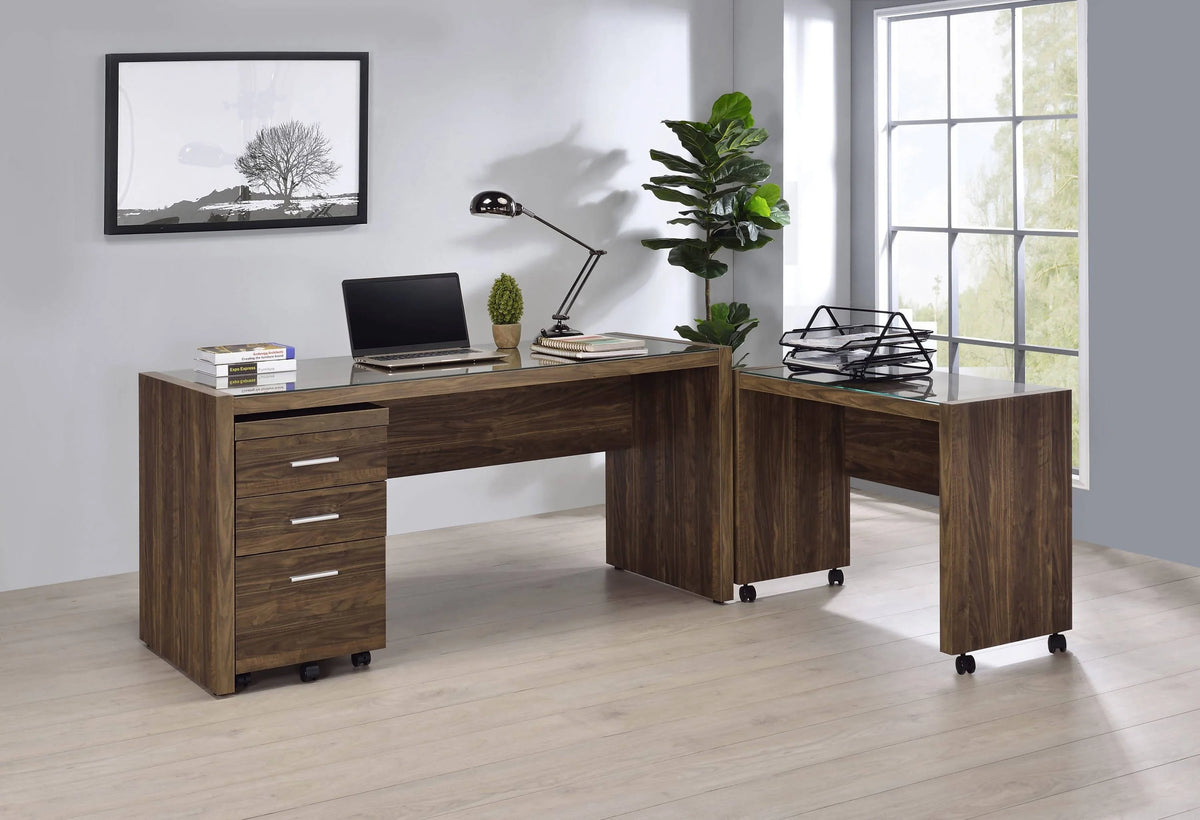 Luetta 59-Inch Rectangular Writing Desk Aged Walnut simplistic rectangular tabletop is crated with tempered glass- 805622 Pie's Variety Store