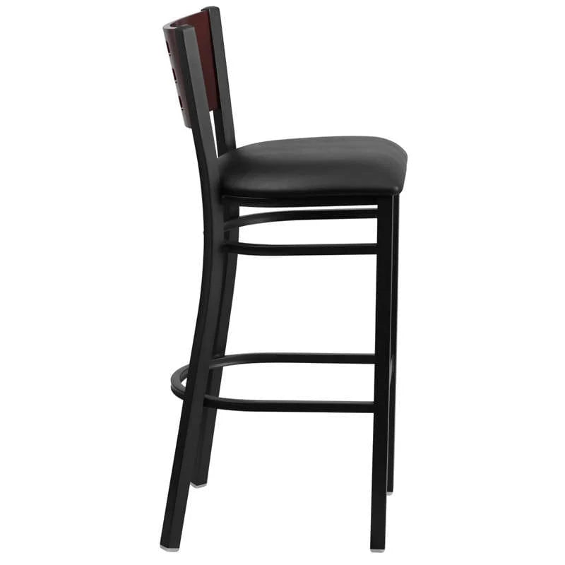 HERCULES Series Black Cutout Back Metal Restaurant Barstool - Mahogany Wood Back