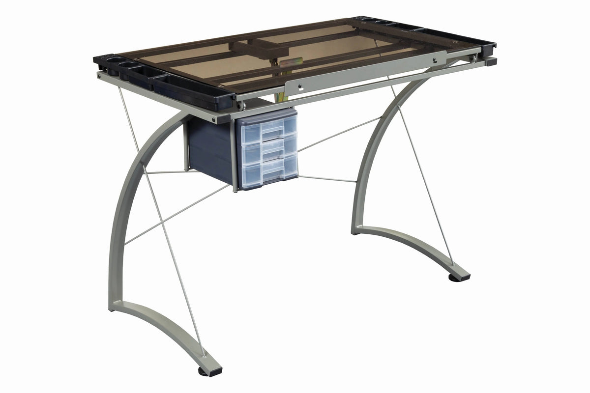 Melo Drafting Desk With 3-Drawer Champagne Find space to stash essentials in a pencil ledge