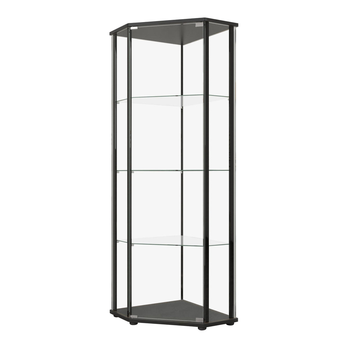 Glass Shelf Curio Cabinet Clear And Black One clear tempered glass door provides simple access to your keepsakes - 953234 Pie's Variety Store