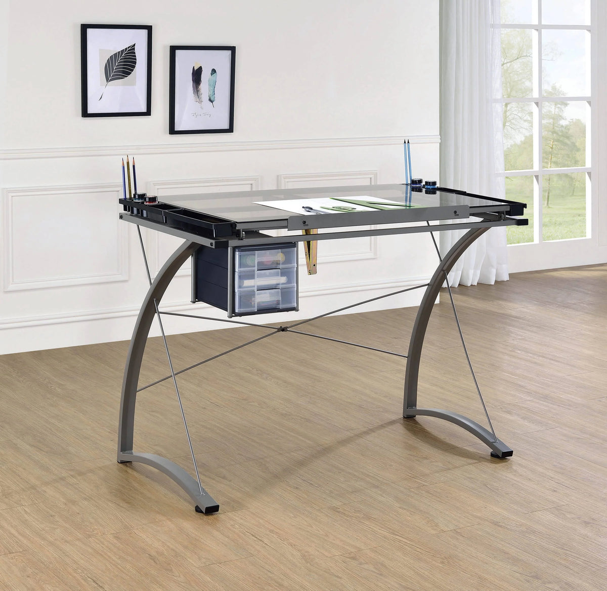 Melo Drafting Desk With 3-Drawer Champagne Find space to stash essentials in a pencil ledge