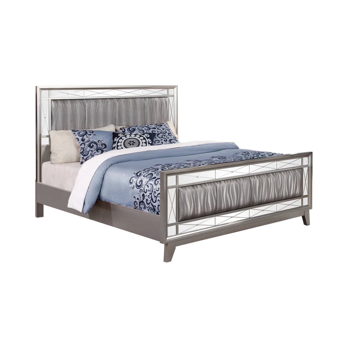 Leighton Eastern King Panel Bed With Mirrored Accents Mercury Metallic Collection: The Leighton Collection Presents This Magnificent Glam-Style Bed. This Bed Is An Absolute Delight For The Bedroom. Leighton SKU: 204921KE coastmega