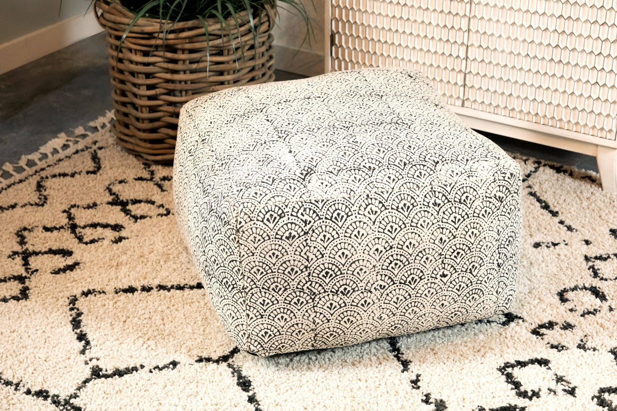 Square Upholstered Floor Pouf Cream And Black - 991008 Pie's Variety Store