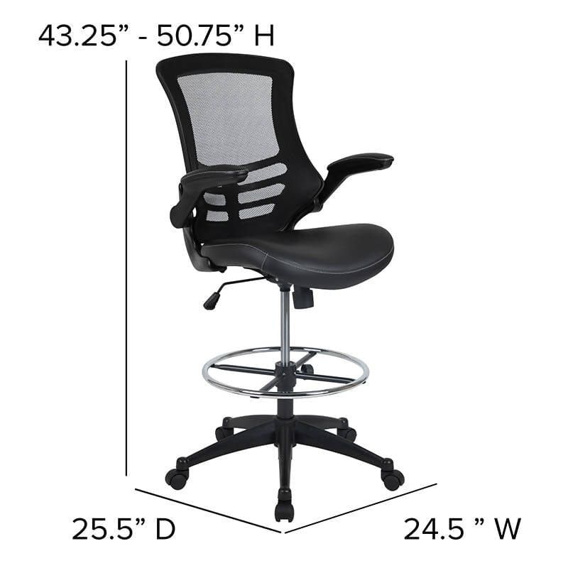 Mid-Back Black Mesh Ergonomic Drafting Chair with LeatherSoft Seat