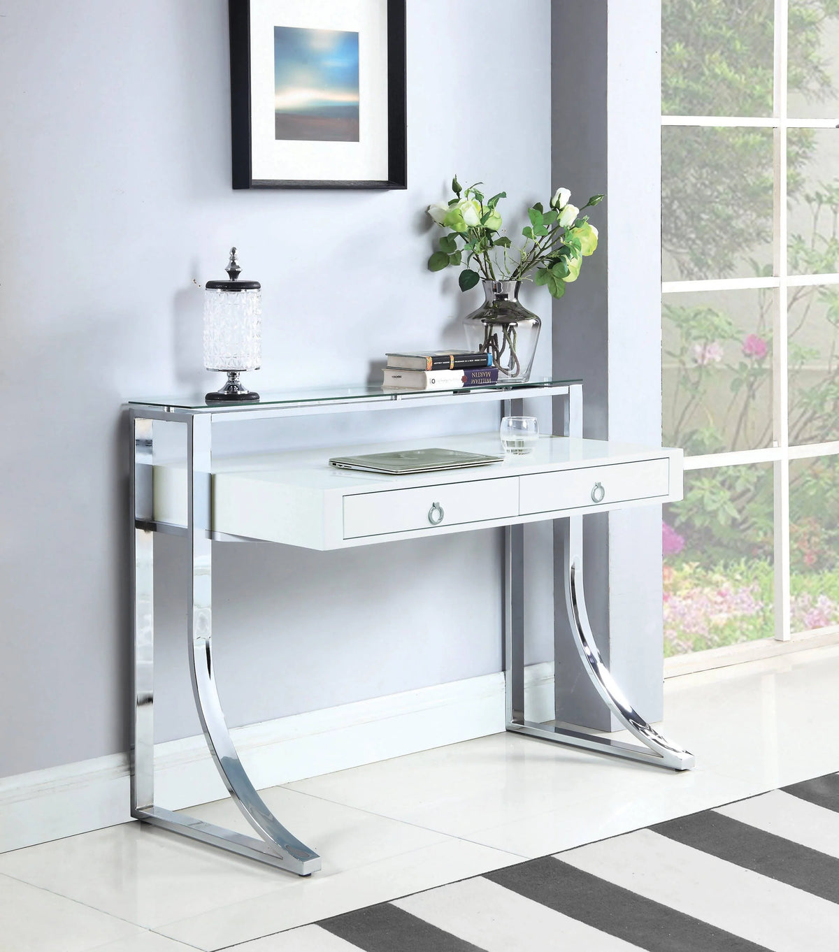 Gemma 2-Drawer Writing Desk Glossy White And Chrome - 802141 Pie's Variety Store