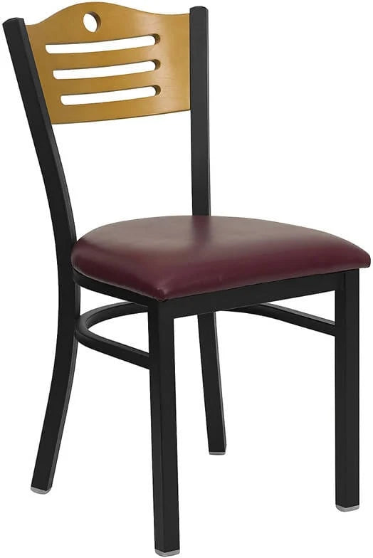 HERCULES Series Black Slat Back Metal Restaurant Chair - Natural Wood Back