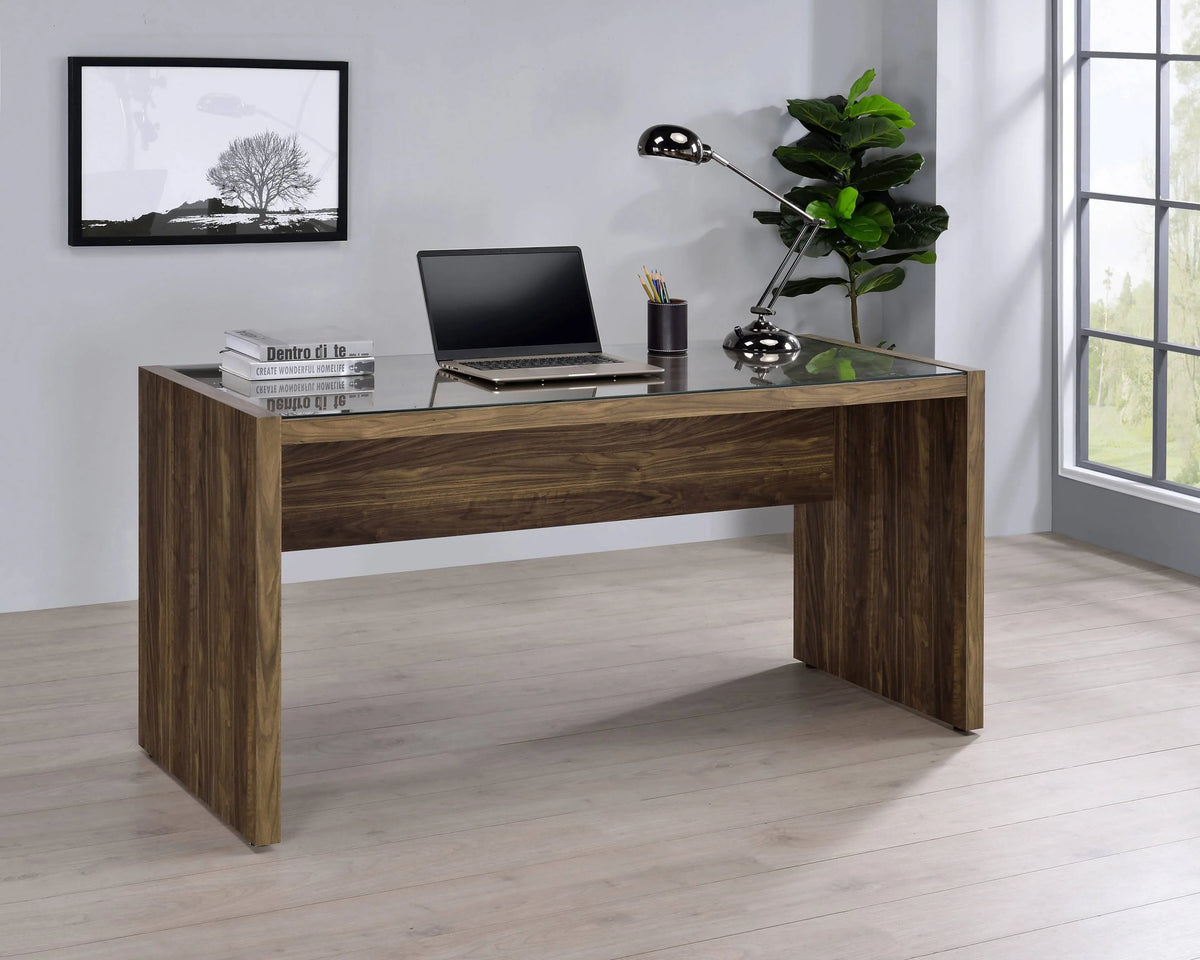 Luetta 59-Inch Rectangular Writing Desk Aged Walnut simplistic rectangular tabletop is crated with tempered glass- 805622 Pie's Variety Store