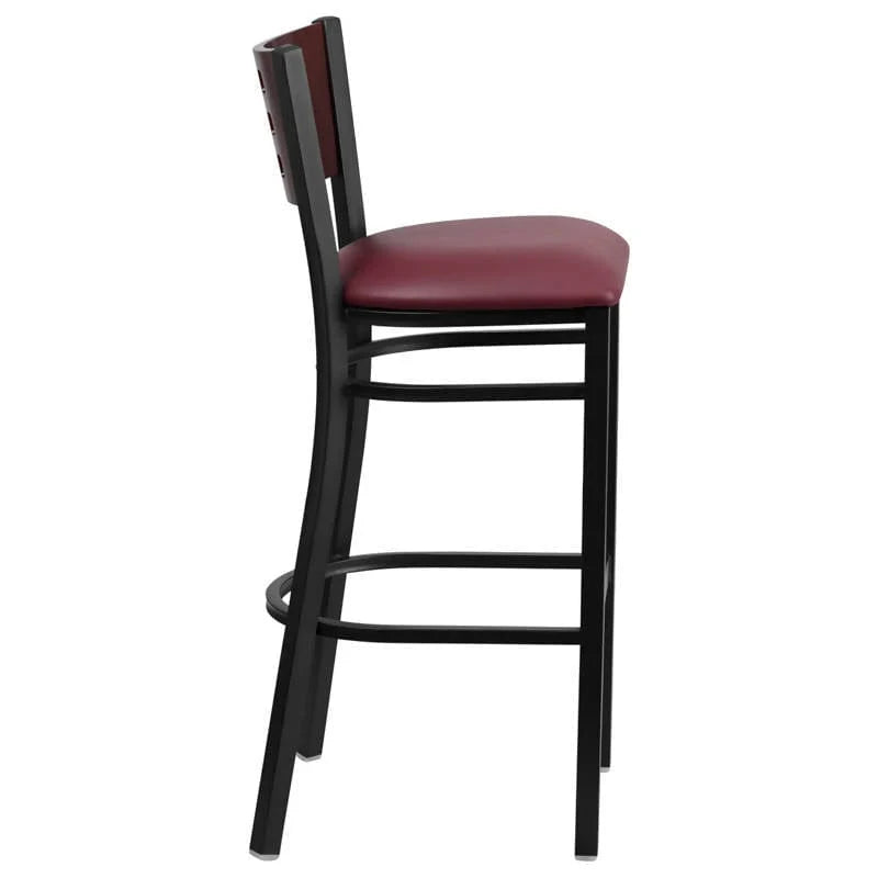 HERCULES Series Black Cutout Back Metal Restaurant Barstool - Mahogany Wood Back