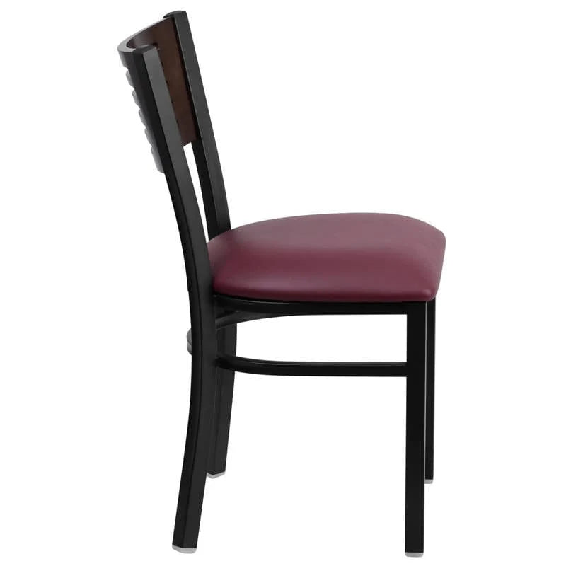 HERCULES Series Black Slat Back Metal Restaurant Chair - Walnut Wood Back