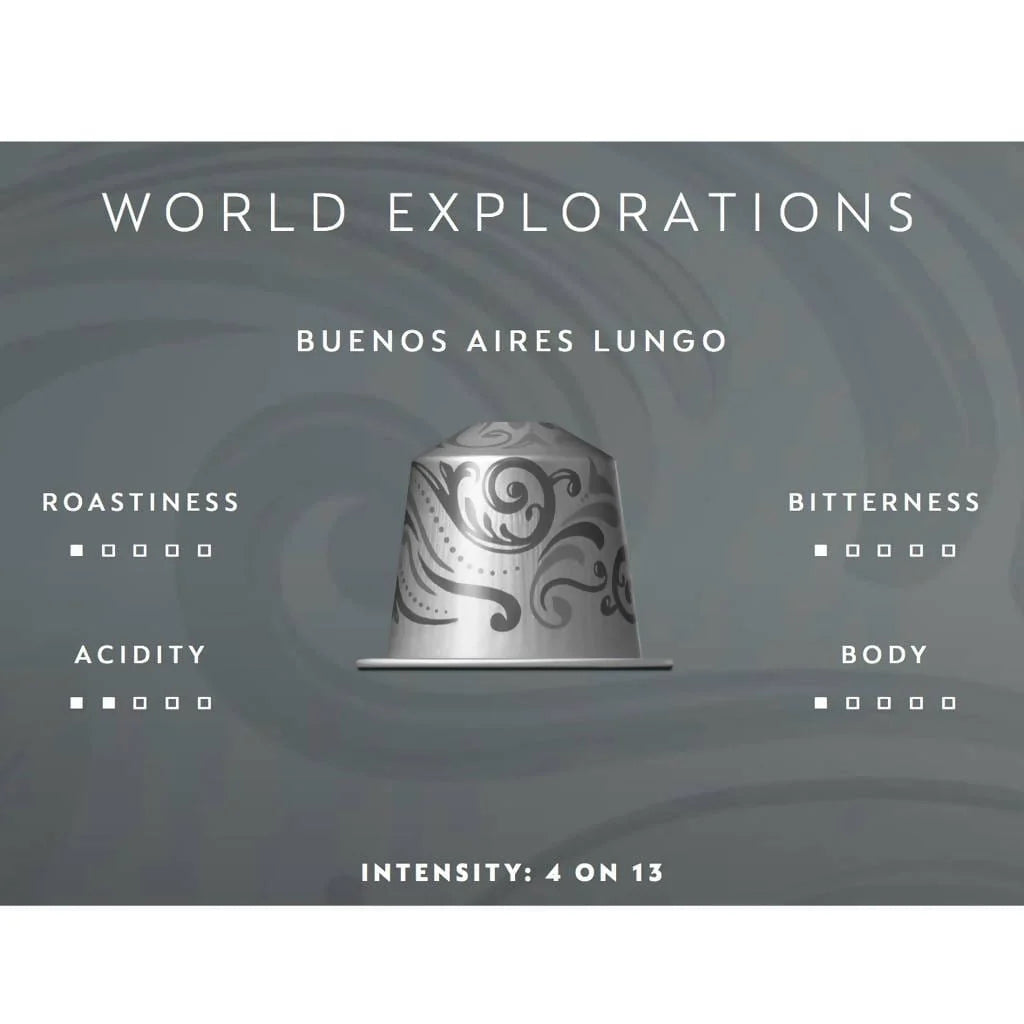 Nespresso Buenos Aires Lungo Coffee Capsules is a fragrant and balanced blend of washed Colombian Arabica that adds delicate fruit acidity and lightly fried Ugandan Robusta that adds malty cereals and sweet notes of popcorn to the mix - NESC-135-0296 Pie's Variety Store