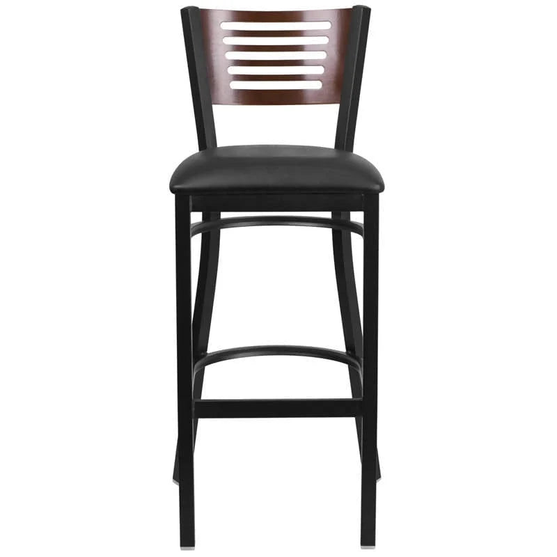 HERCULES Series Black Slat Back Metal Restaurant Barstool - Walnut Wood Back