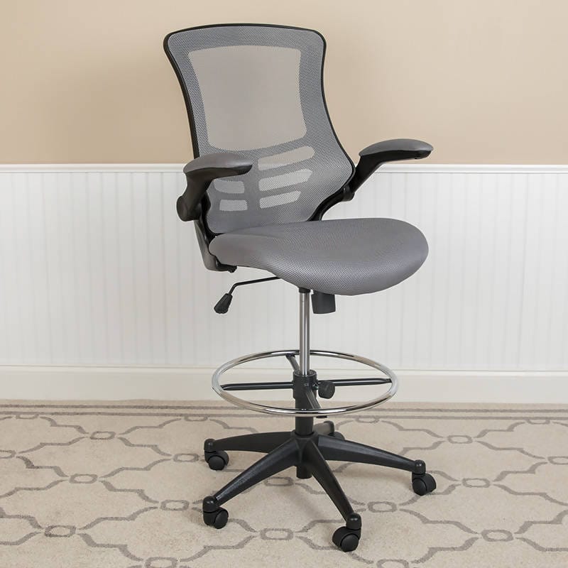 Mid-Back Mesh Ergonomic Drafting Chair with Adjustable Foot Ring and Flip-Up Arms - BL-X-5M-D-BLUE-GG / BL-X-5M-D-DKGY-GG / BL-X-5M-D-GG / BL-X-5M-D-RED-GG / BL-X-5M-D-WH-GG ADRIAN'S ELECTRONICS