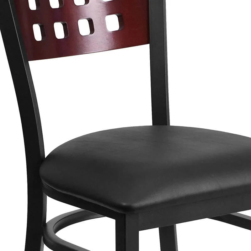 HERCULES Series Black Cutout Back Metal Restaurant Chair - Mahogany Wood Back