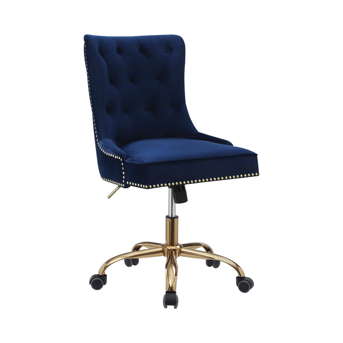 Upholstered Office Chair With Nailhead Blue And Brass this chair is complete with built-in casters and swivel functionality for versatile ease of movement 801984 Pie's Variety Store