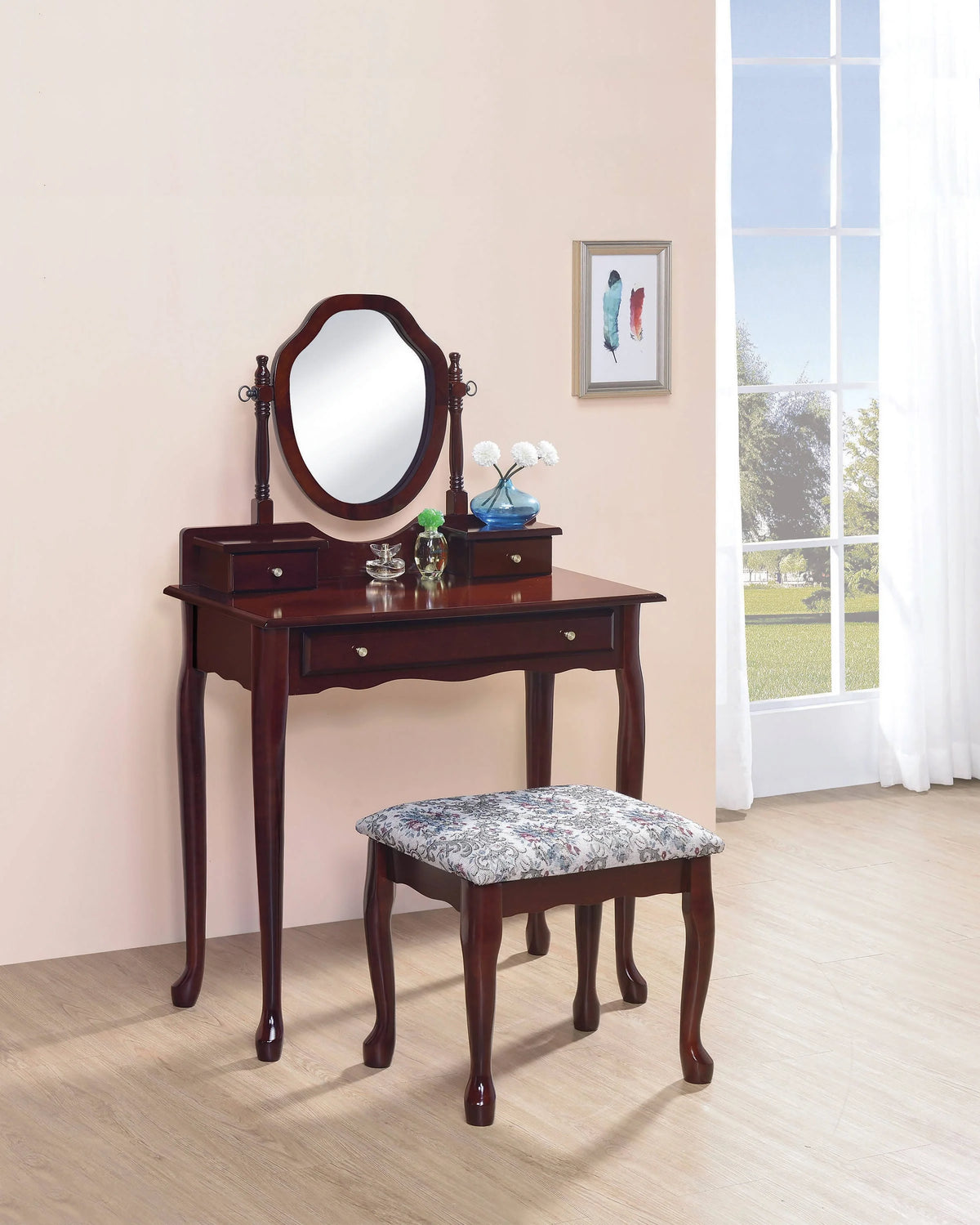 2-Piece Vanity Set With Upholstered Stool Brown Red - 3441 coastmega