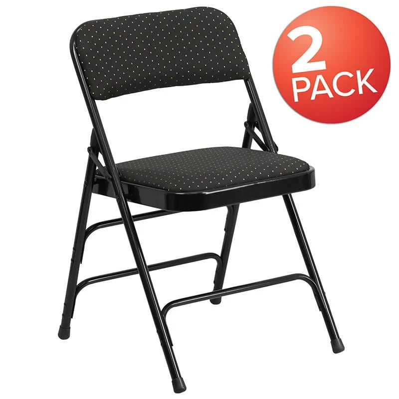 2 Pk. HERCULES Series Curved Triple Braced & Double Hinged Black Patterned Fabric Metal Folding Chair - 2-AW-MC309AF-BLK-GG Pie's Variety Store
