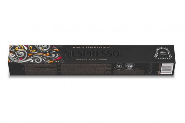 Nespresso Buenos Aires Lungo Coffee Capsules is a fragrant and balanced blend of washed Colombian Arabica that adds delicate fruit acidity and lightly fried Ugandan Robusta that adds malty cereals and sweet notes of popcorn to the mix - NESC-135-0296 Pie's Variety Store