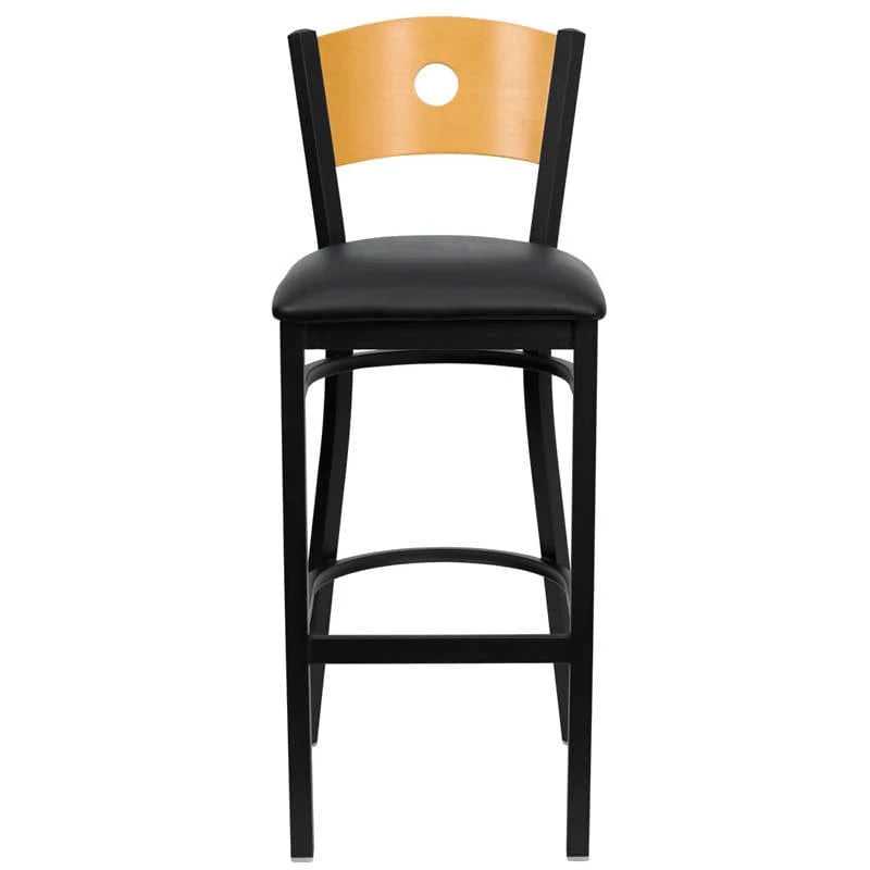 HERCULES Series Black Circle Back Metal Restaurant Barstool - Natural Wood Back