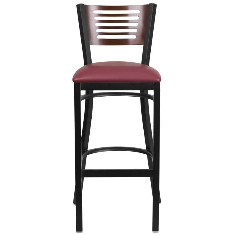 HERCULES Series Black Slat Back Metal Restaurant Barstool - Walnut Wood Back
