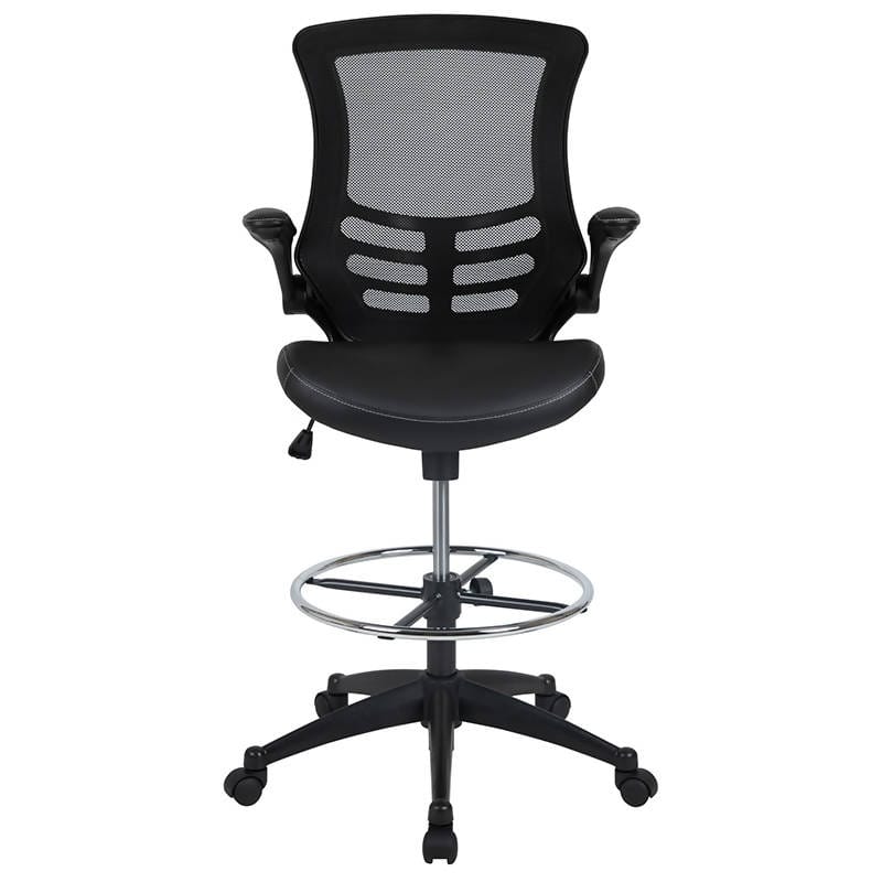 Mid-Back Black Mesh Ergonomic Drafting Chair with LeatherSoft Seat