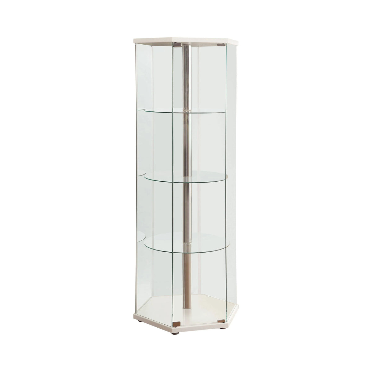 4-Shelf Hexagon Shaped Curio Cabinet White And Clear Three round glass shelves provide ample space to store essentials.- 950001 Pie's Variety Store