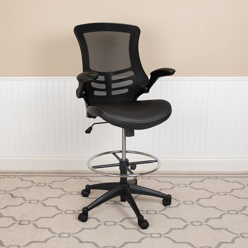 Mid-Back Black Mesh Ergonomic Drafting Chair with LeatherSoft Seat