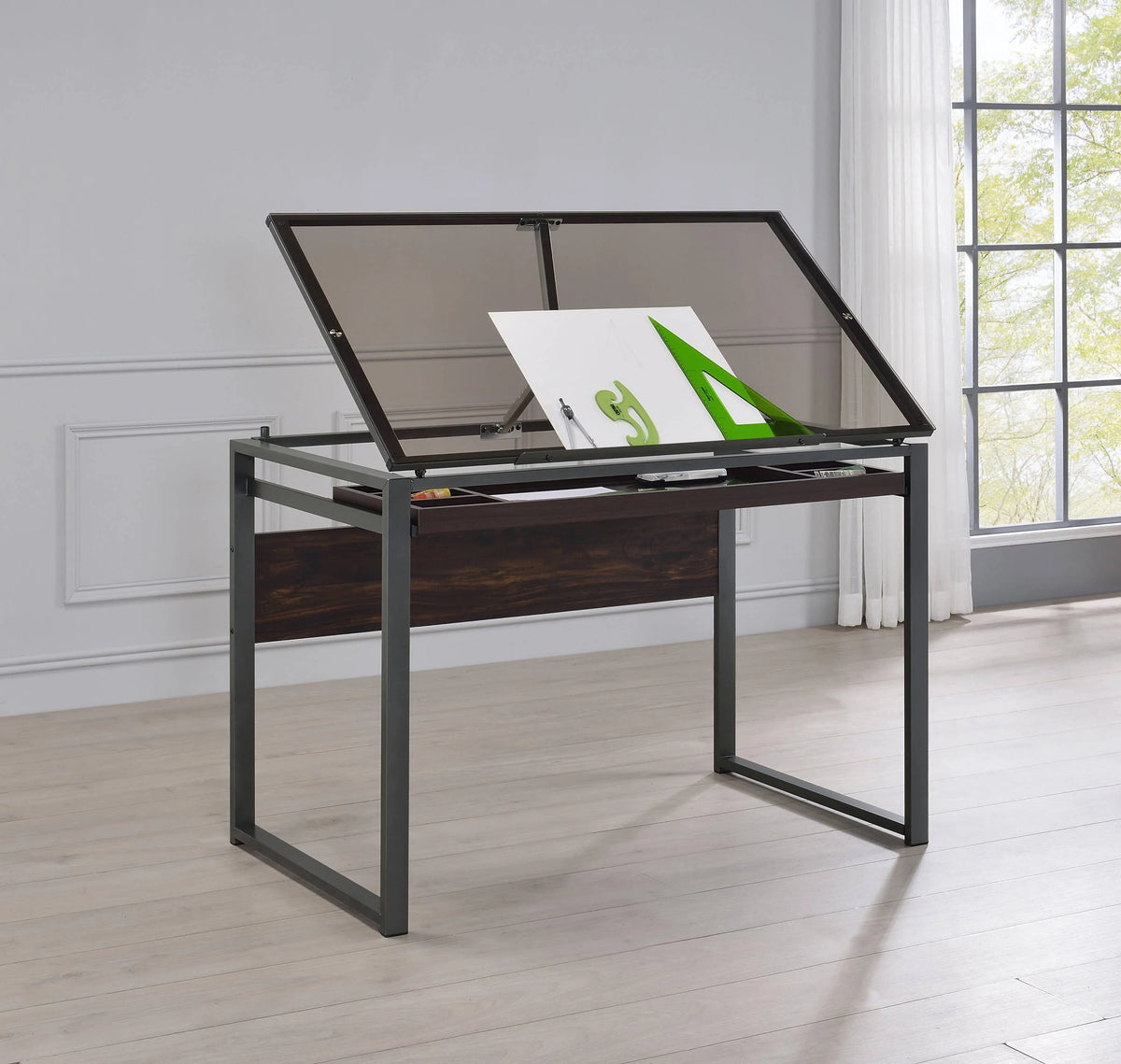 Pantano Glass Top Drafting Desk Dark Gunmetal And Chestnut versatile placement in your office- 805571 coastmega