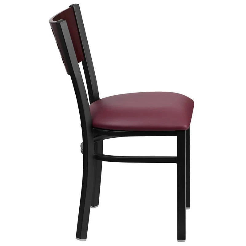 HERCULES Series Black Cutout Back Metal Restaurant Chair - Mahogany Wood Back