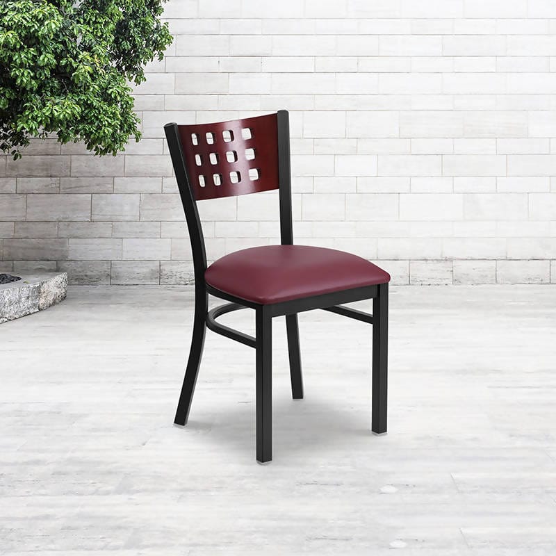 HERCULES Series Black Cutout Back Metal Restaurant Chair - Mahogany Wood Back