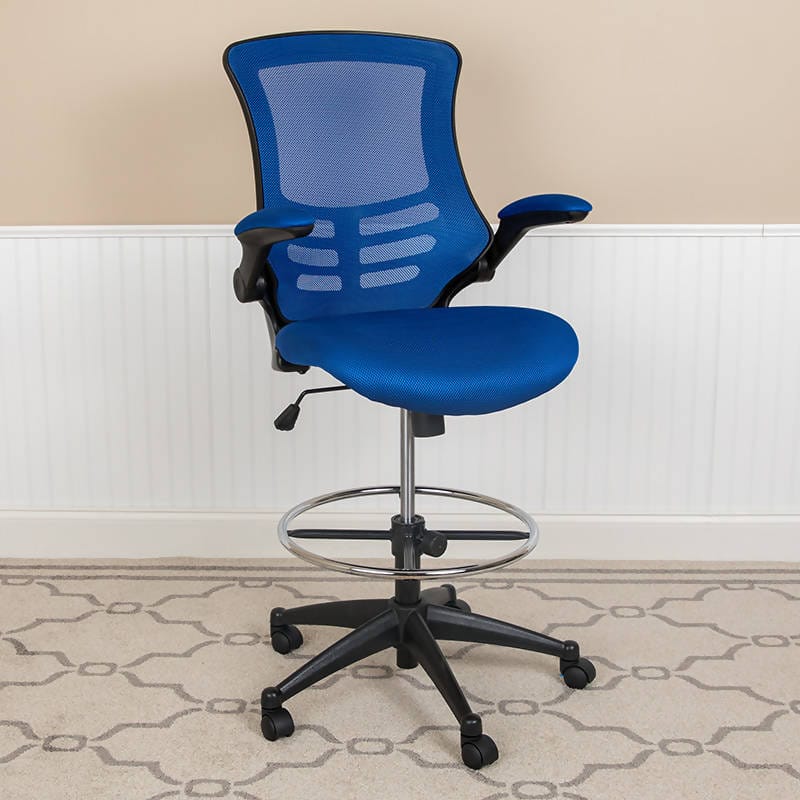 Mid-Back Mesh Ergonomic Drafting Chair with Adjustable Foot Ring and Flip-Up Arms - BL-X-5M-D-BLUE-GG / BL-X-5M-D-DKGY-GG / BL-X-5M-D-GG / BL-X-5M-D-RED-GG / BL-X-5M-D-WH-GG ADRIAN'S ELECTRONICS