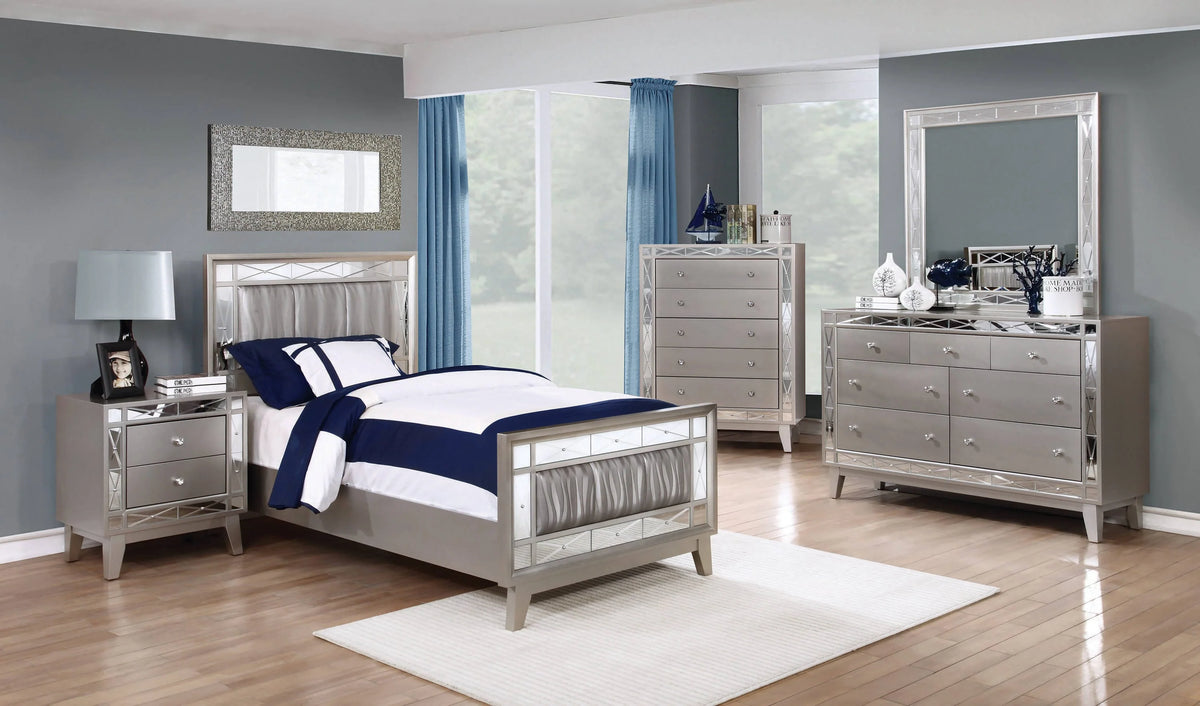 Leighton Twin Panel Bed With Mirrored Accents Mercury Metallic Collection: The Leighton Collection Presents This Magnificent Glam-Style Bed. This Bed Is An Absolute Delight For The Bedroom. Leighton SKU: 204921T coastmega