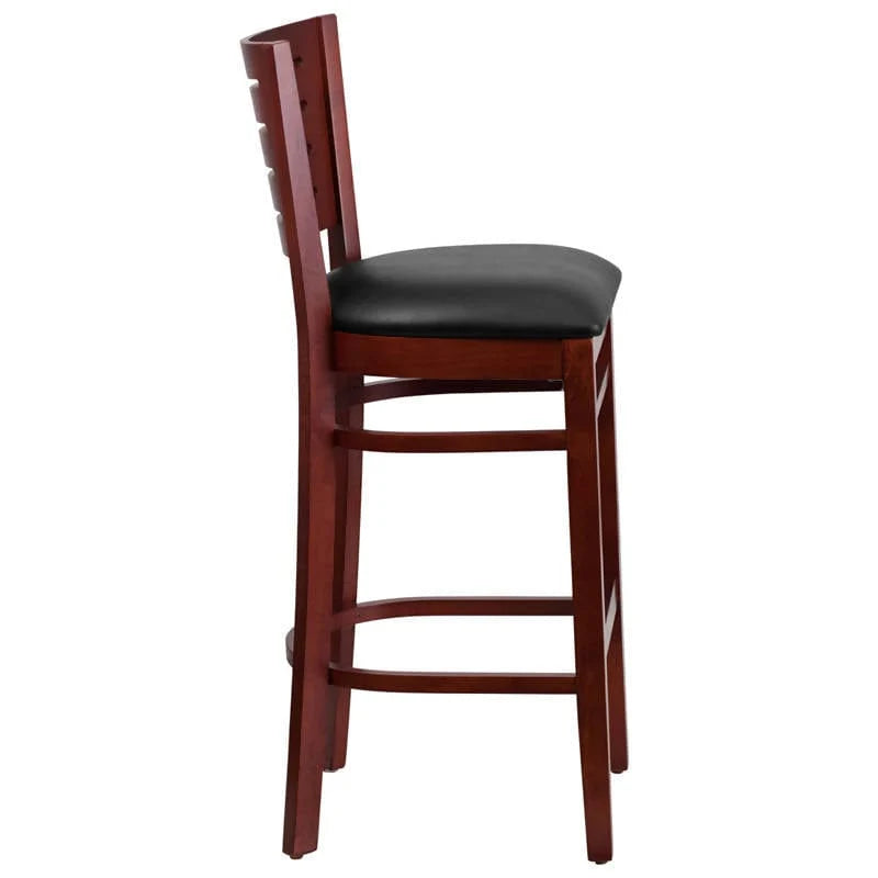 Darby Series Slat Back Mahogany Wood Restaurant Barstool - Black Vinyl Seat [XU-DG-W0108BBAR-MAH-BLKV-GG] Pie's Variety Store