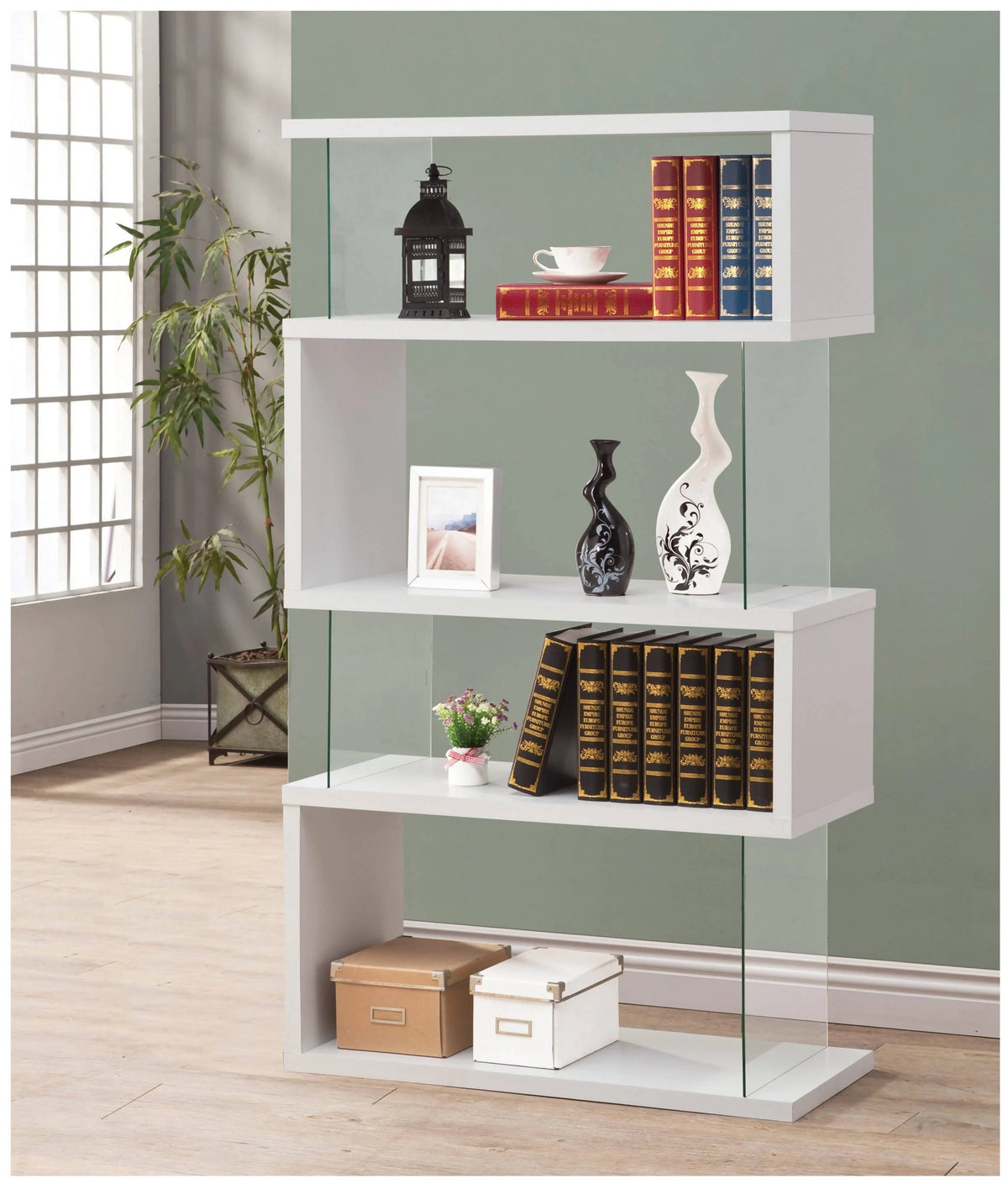 4-Tier Bookcase Black & Clear  / White & Clear  - With Striking Zig-Zag Designed. Made with MDF and engineered veneer