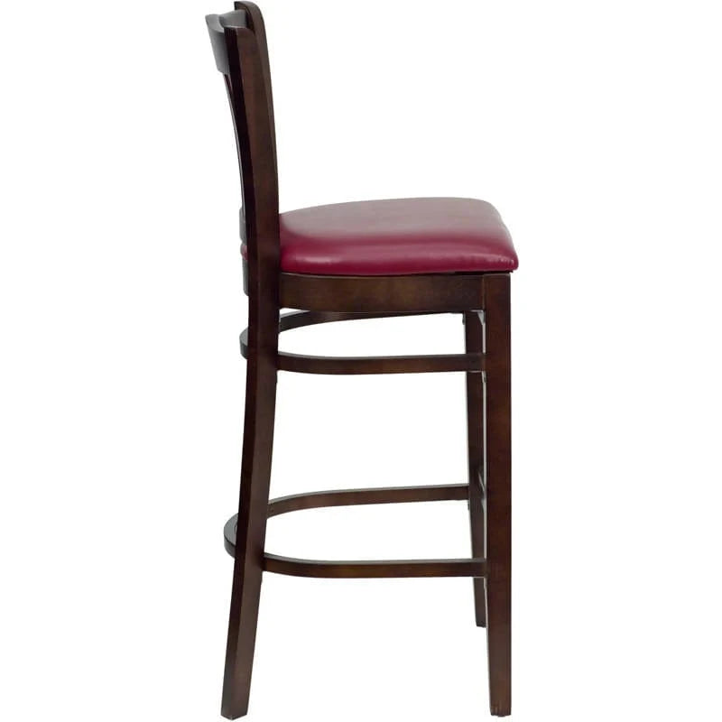 HERCULES Series Vertical Slat Back Walnut Wood Restaurant Barstool - Black Vinyl Seat [XU-DGW0008BARVRT-WAL-BLKV-GG] Pie's Variety Store
