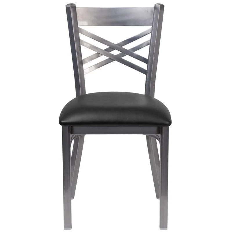 HERCULES Series Clear Coated ''X'' Back Metal Restaurant Chair - Black Vinyl Seat [XU-6FOB-CLR-BLKV-GG] Pie's Variety Store