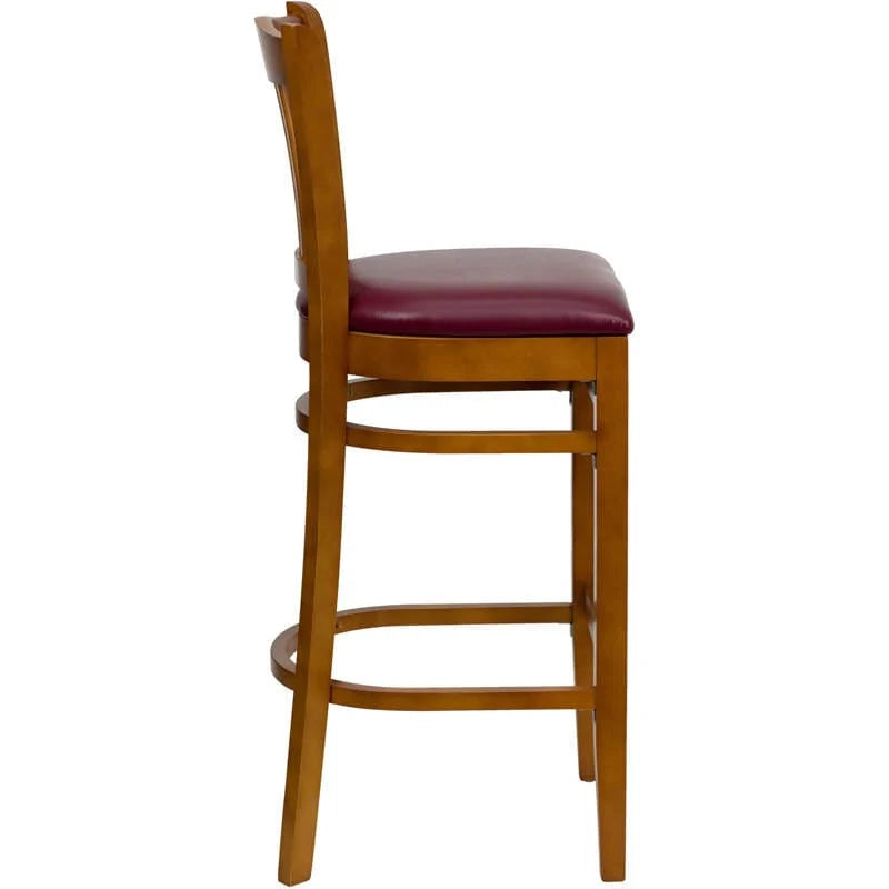 HERCULES Series Vertical Slat Back Cherry Wood Restaurant Barstool - Black Vinyl Seat [XU-DGW0008BARVRT-CHY-BLKV-GG] Pie's Variety Store