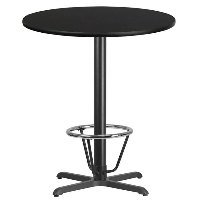 36'' Round Black Laminate Table Top with 30'' x 30'' Bar Height Table Base and Foot Ring [XU-RD-36-BLKTB-T3030B-3CFR-GG] Pie's Variety Store