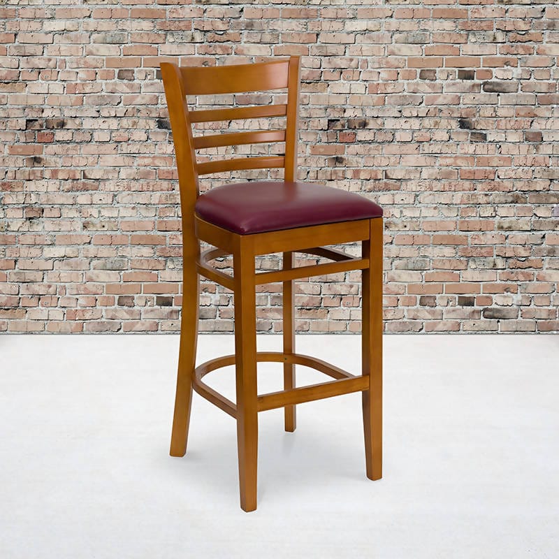 HERCULES Series Ladder Back Cherry Wood Restaurant Barstool - Black Vinyl Seat [XU-DGW0005BARLAD-CHY-BLKV-GG] Pie's Variety Store