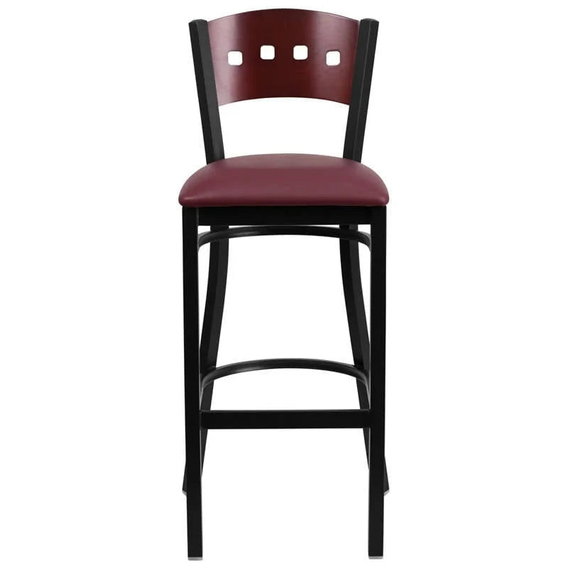 HERCULES Series Black 4 Square Back Metal Restaurant Barstool - Mahogany Wood Back