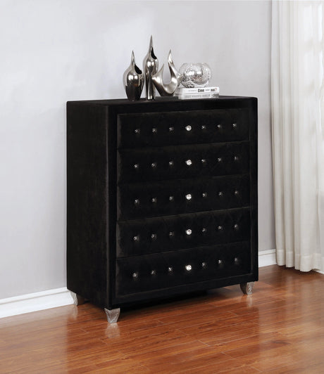 Deanna 5-Drawer Rectangular Chest Black Collection: Craft A Sophisticated Aura In A Bedroom With This Five Drawer Black Chest