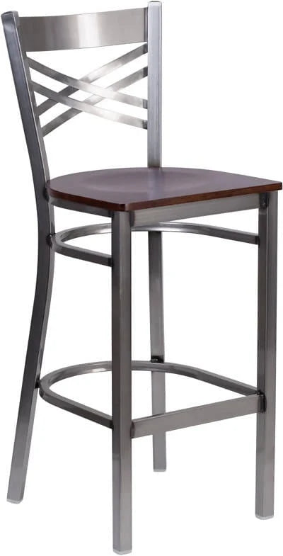 HERCULES Series Clear Coated ''X'' Back Metal Restaurant Barstool - Cherry Wood Seat [XU-6F8B-CLR-BAR-CHYW-GG] Pie's Variety Store