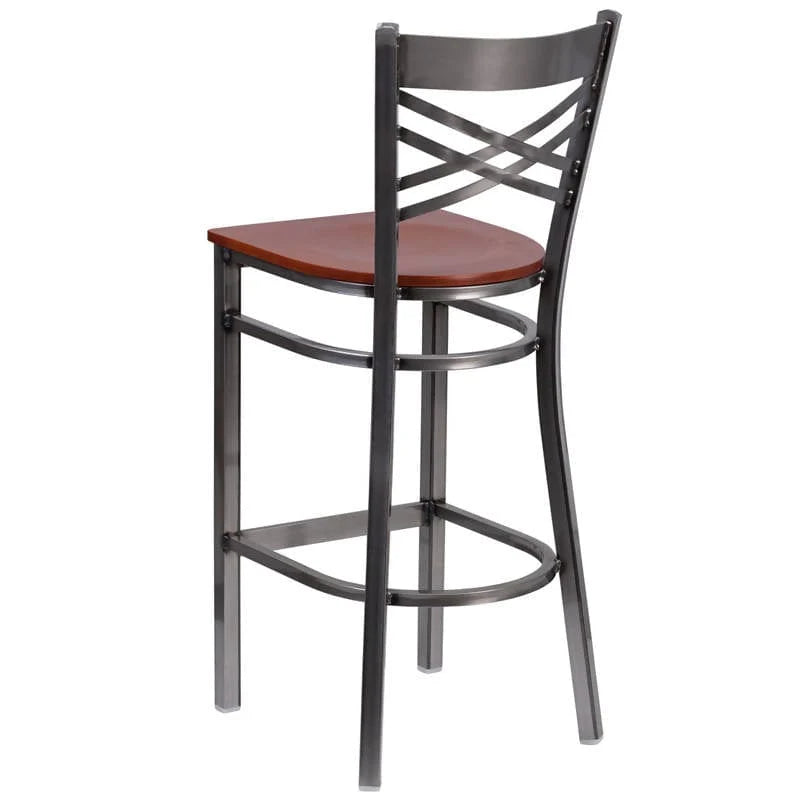 HERCULES Series Clear Coated ''X'' Back Metal Restaurant Barstool - Cherry Wood Seat [XU-6F8B-CLR-BAR-CHYW-GG] Pie's Variety Store