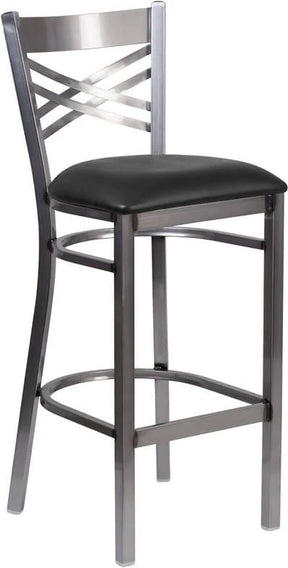 HERCULES Series Clear Coated ''X'' Back Metal Restaurant Barstool - Black Vinyl Seat [XU-6F8B-CLR-BAR-BLKV-GG] Pie's Variety Store